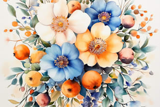 paint flowers, plants and fruits in watercolor