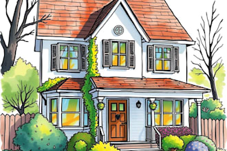 draw house illustration watercolor style