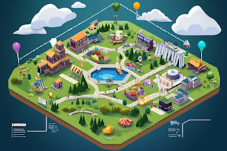 design a isometric 2d event map or illustrated maps