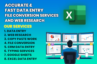 accurate and fast data entry, web research, file conversion services