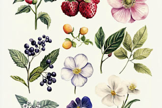 make watercolor botanical illustration of flowers, plants and fruits