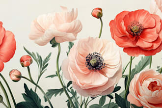 draw botanical illustrations of flowers, plants and fruits