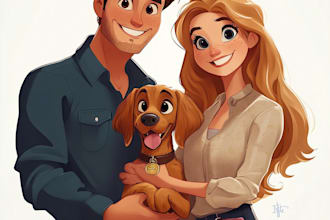 draw family, couple, pet portrait in disney cartoon style