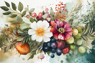 do watercolor illustration of flowers, plants and fruits