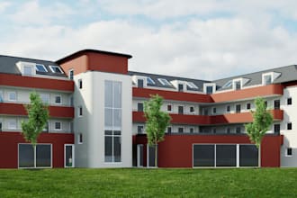 refurbished commercial building, small apartment, unit house rendering, exterior