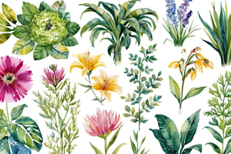 watercolor botanical illustrations of flowers and plants