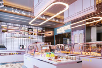redesign 3d fast food restaurant, 3d rendering for your café, sweets shop design