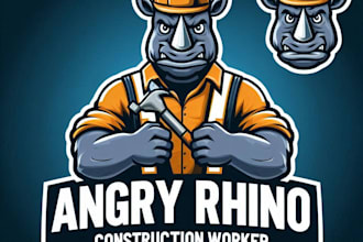 do make angry rhino construction worker mascot design with company