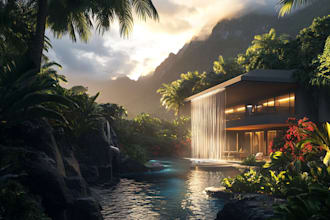 draw realistic landscape, backyard, garden, pool