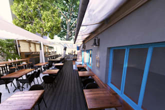 turn 3d dwg to to photorealistic reasturant,patio bar mockup,rhino,2d layout,cgi