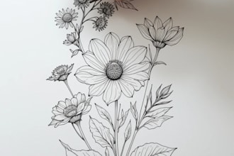 draw botanical illustrations of flowers, plants, line art