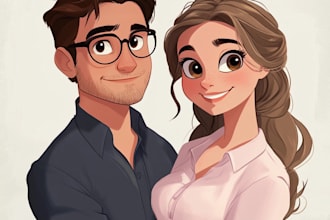 sketch a disney couples portrait in cartoon in unique style