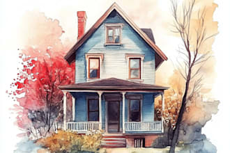 paint a watercolor house portrait or city space illustration