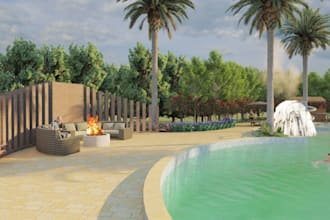 design exterior landscape swimming pool,gazebo lounger,deck,pergola terrace,ue5