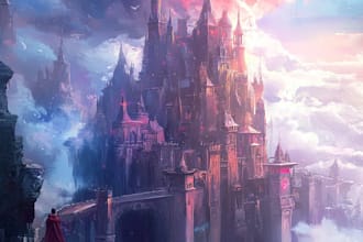 make an epic fantasy artwork with monsters, dragons, castles