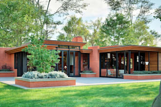 remodel 3d existing building,usonian style house,lawn,interior render,floor plan