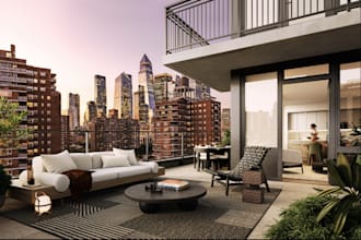 luxury minimal villa,exterior patio lounge ,sliding glass, accent house interior