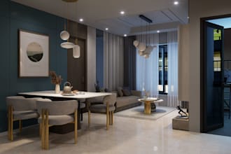 model modern 3d villa, elegant living room, cozy dining room, night render, cgi