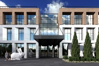 render exterior office building, front facade, landscape design,real estate, cgi