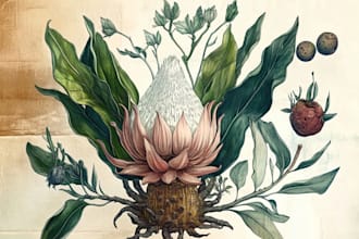 draw botanical illustrations of flowers, plants, fruits