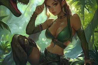 do a female fantasy character art with dinosaur