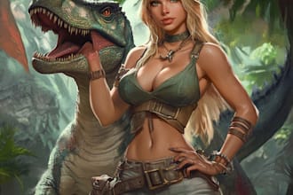 do a female fantasy character art with dinosaur
