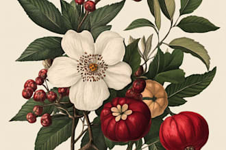 draw botanical illustrations of flowers, plants, line art