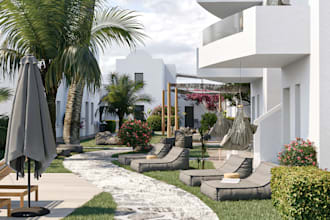 optimize hotel lobby exterior render, swimming pool, exterior render,3d garden