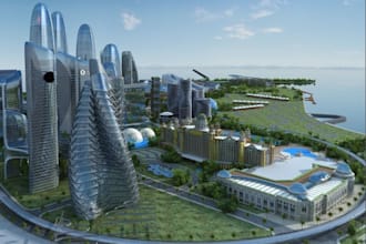 render 3d futuristic city high rise,landscape, map ,real estate, resort park,cgi