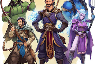 draw cartoon dnd art and dnd party with unique characters
