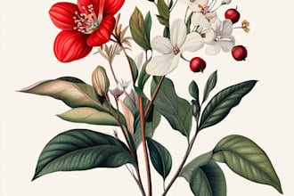 draw botanical illustration line art of plants, flowers