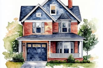 paint custom digital watercolor house, building portrait illustrations