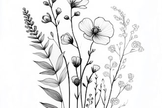 draw line art vector illustration of plants and flowers