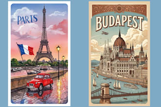 create a stunning retro vintage poster, pop art travel poster, art deco