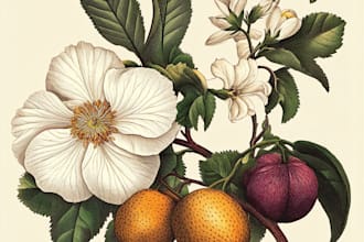 draw botanical illustrations of flowers, plants, line art