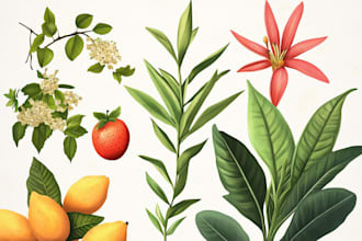 draw botanical illustrations of flowers, plants and fruits