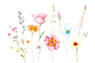 watercolor botanical illustrations of flowers and plants