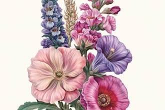 make botanical illustration of flowers, plants, line art
