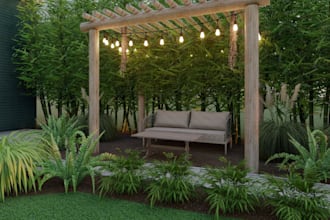 landscape designer, backyard patio render,3d environment,cozy sitting area, pool