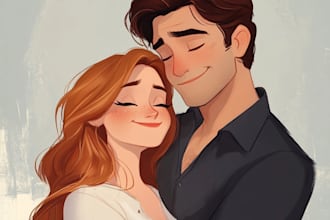 draw a disney style cartoon portrait of couple, family, pet