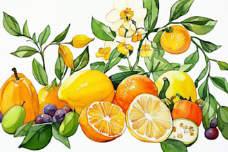 paint botanical illustration of plants, fruits, vegetable