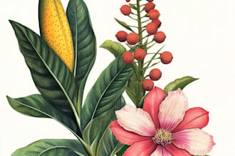 draw botanical illustrations of flowers, plants and fruits