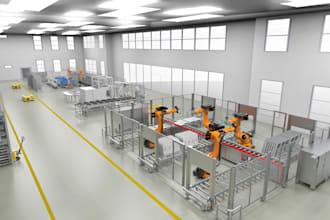 render 3d cgi warehouse design, workshop, office layout design factory modeling