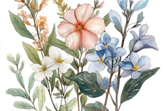 create a digital watercolor botanical illustration of flowers, plants, fruits