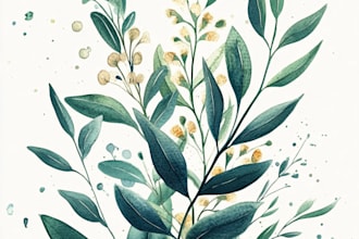 do a digital watercolor botanical illustration of flowers, plants, fruits
