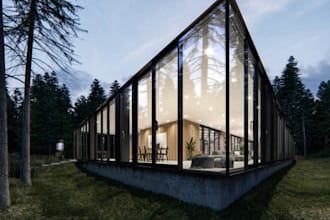 redesign 3d container farm house, rhomb exterior,cabin cabana,forest room render