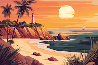 make vintage, retro, art deco, realistic travel poster or landscape illustration