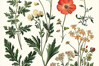 create a digital watercolor botanical illustration flowers
