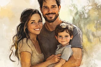draw a family portrait with digital watercolor painting