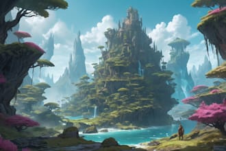 draw detailed digital fantasy landscapes, no ai